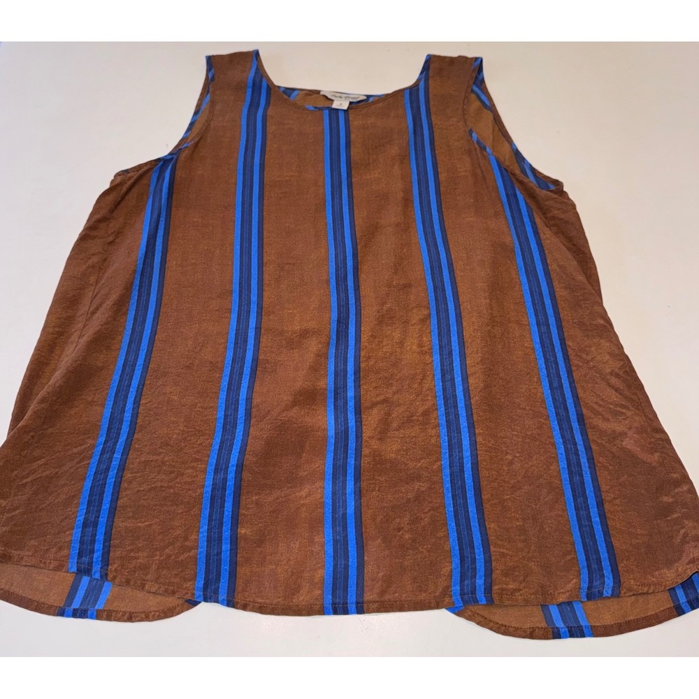 Lucky Brand 100% Silk Striped Tank Top Brown Blue Split Back Sleeveless Blouse S